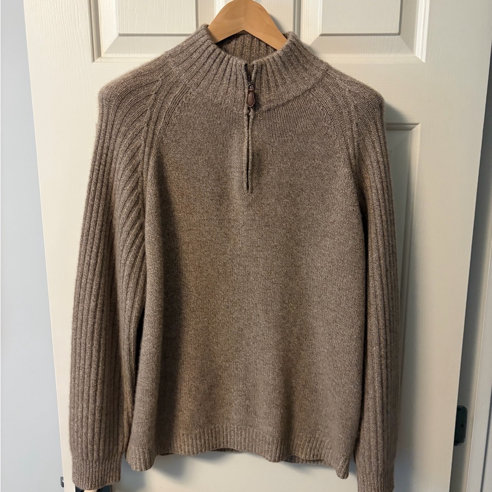 Grayson & Dunn Men's Brown Half-Zip Cashmere Sweater. Tan.